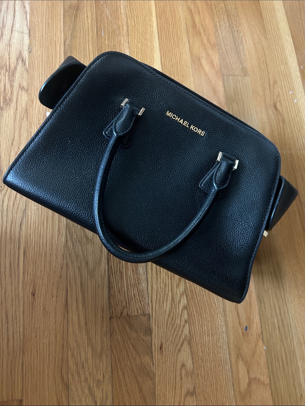 Michael Kors Black Pebbled Leather Satchel with Gold Logo